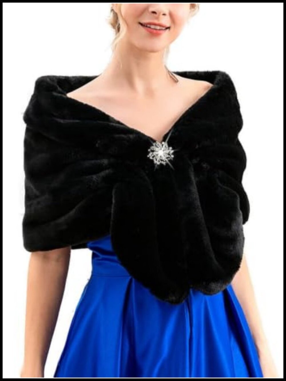 Faux Fur Shawl Wrap with Rhinestone Brooch for Winter Wedding